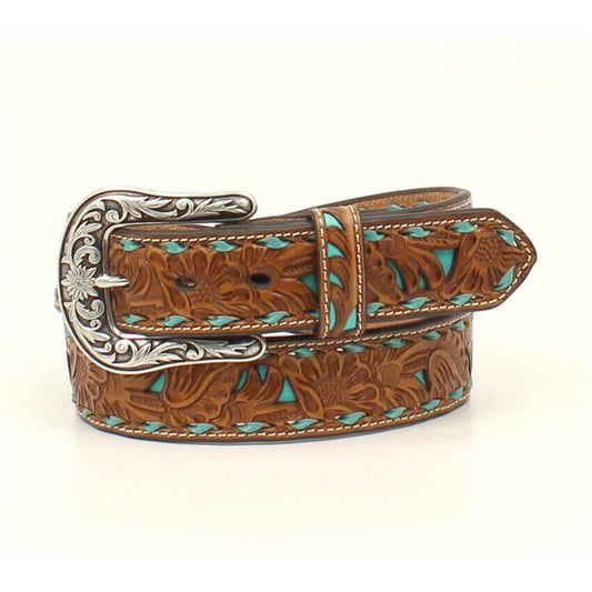 Here's a beautiful western ladies belt. It features a pierced tan leather strap with turquoise underlay, turquoise buckstitch laced edges and contrast stitching. This belt has a rounded antiqued style silver buckle. Imported.&nbsp;
