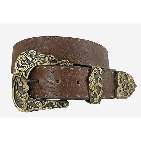 A brown embossed leather belt with ornate gold-toned western-style buckle, keeper, and tip, shown on a light gray background.