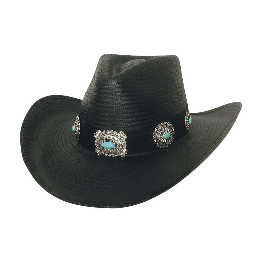 Black cowboy hat with turquoise and silver conchos on a white background