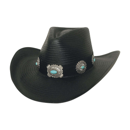 Black cowboy hat with turquoise and silver conchos on a white background