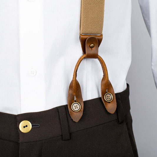 No-Sew Removeable Buttons for Suspenders attached to stylish brown suspenders on white shirt and dark pants.