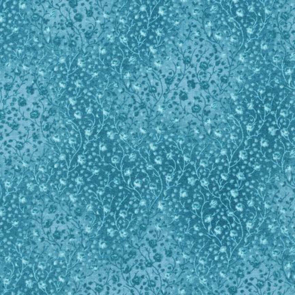 Teal floral calico fabric pattern, perfect for vintage dresses and classic clothing designs.