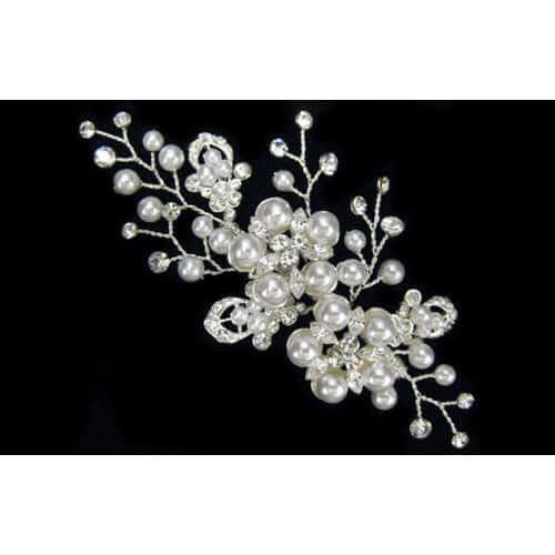 Pretty Pearl Branches Western Wedding Brooch with elegant pearls and sparkling details on a dark background.