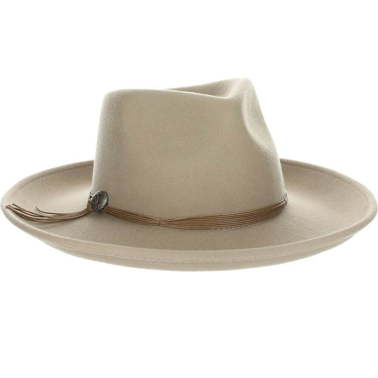 A light beige felt cowboy hat with a brown braided band and a small silver button detail, shown against a plain white background.