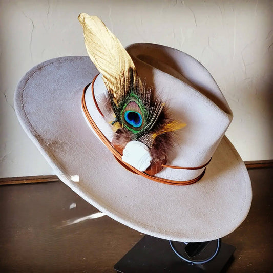 Peacock Feather, White Turquoise Slab Leather Hatband