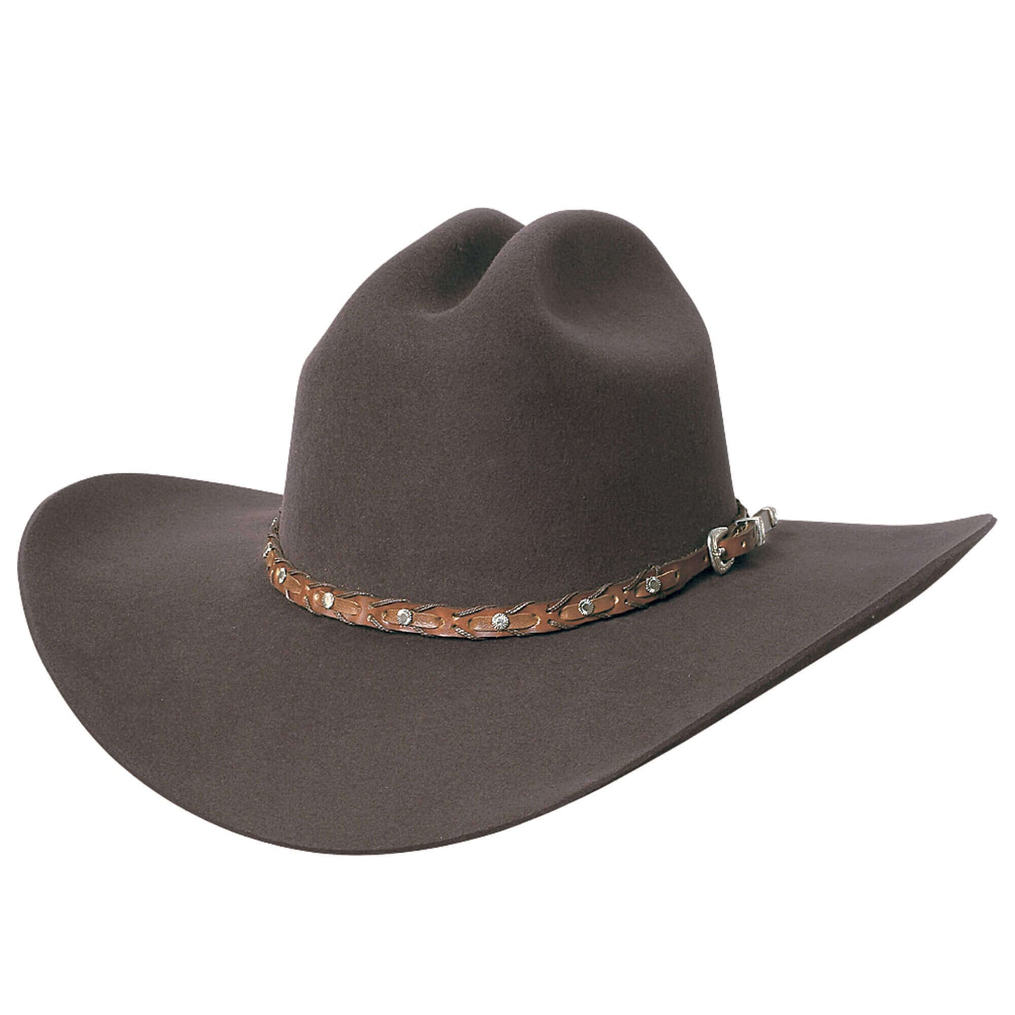 Brown cowboy hat with a decorative band on a white background