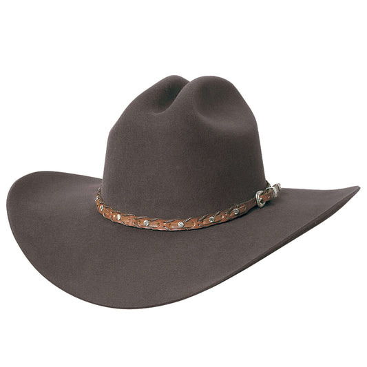 Brown cowboy hat with a decorative band on a white background