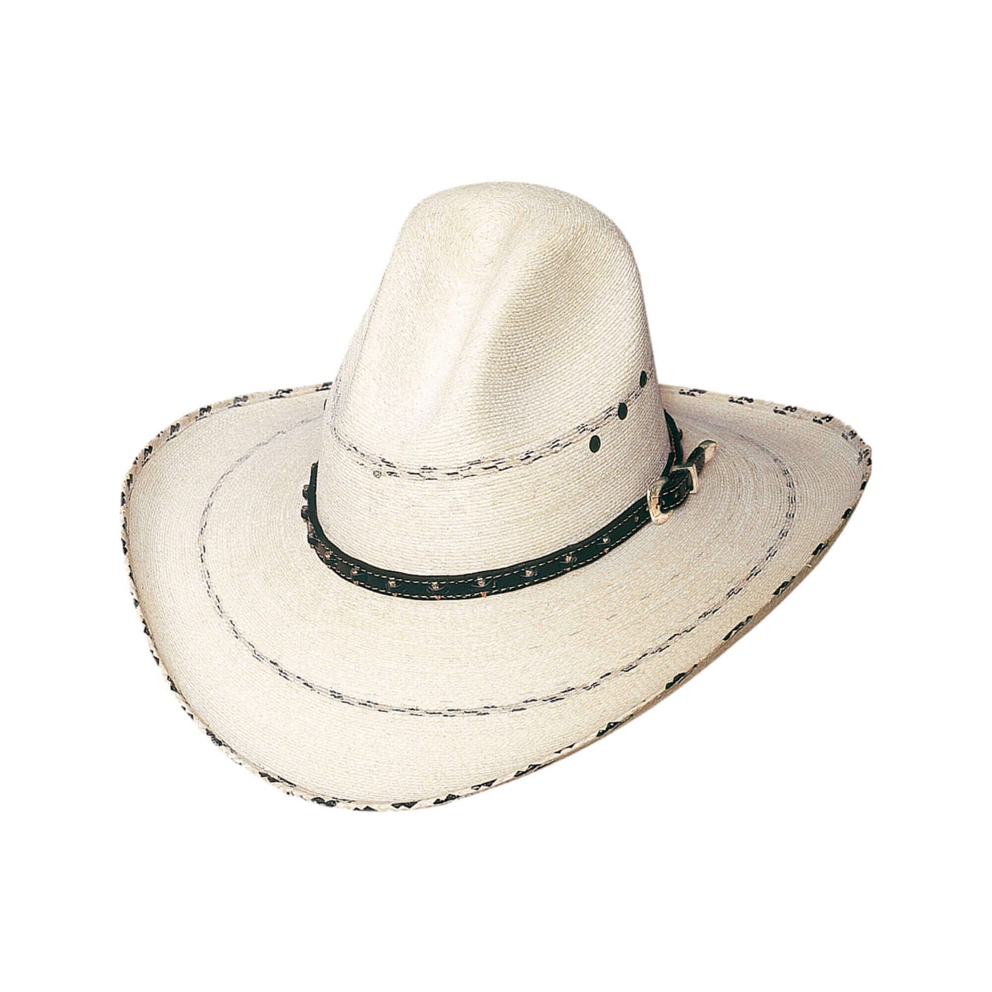 White cowboy hat with a black band on a white background