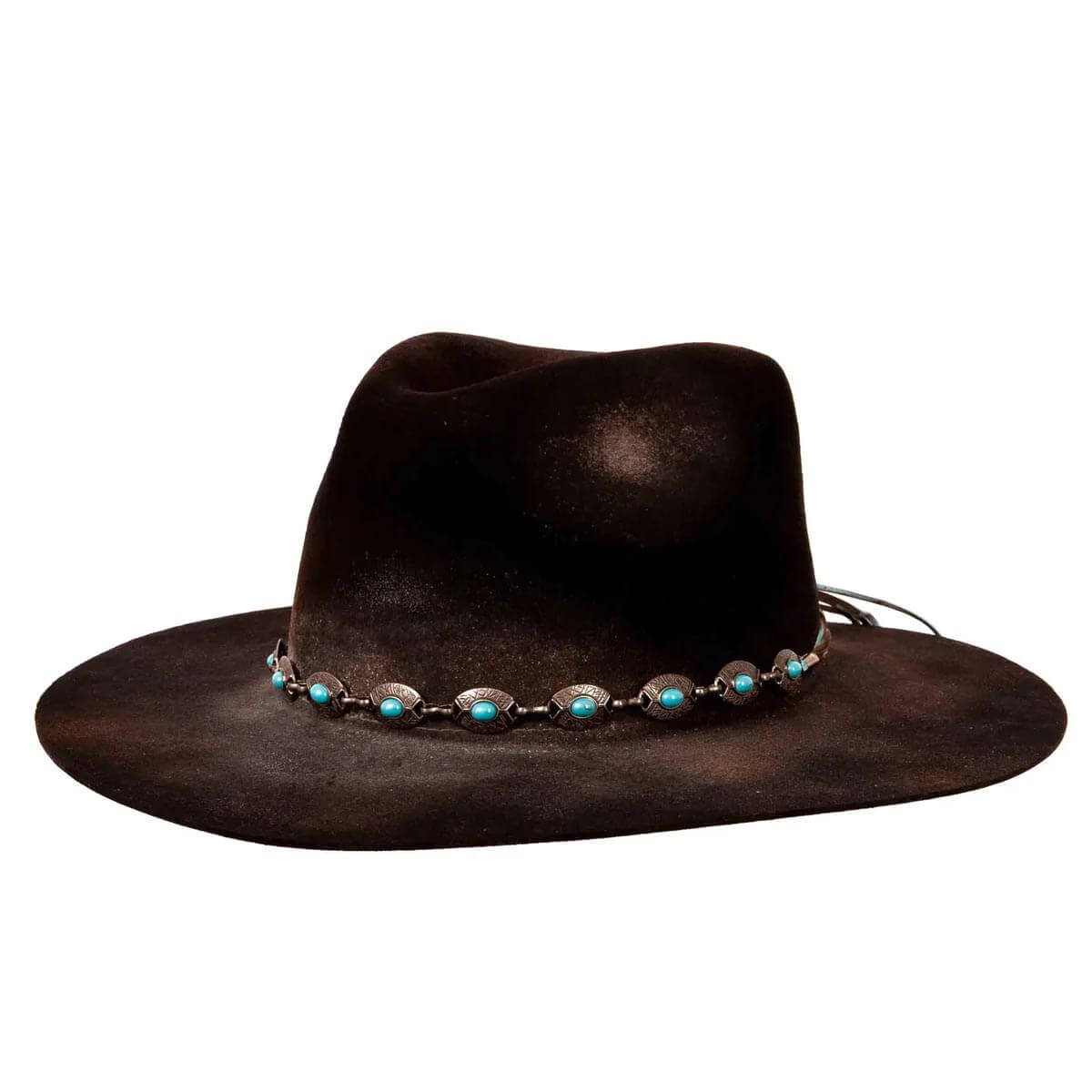 Black Distressed cowboy hat with turquoise stones on a white background