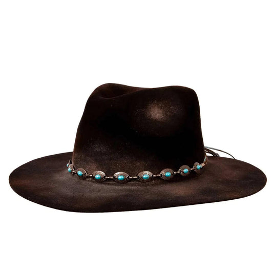 Black Distressed cowboy hat with turquoise stones on a white background