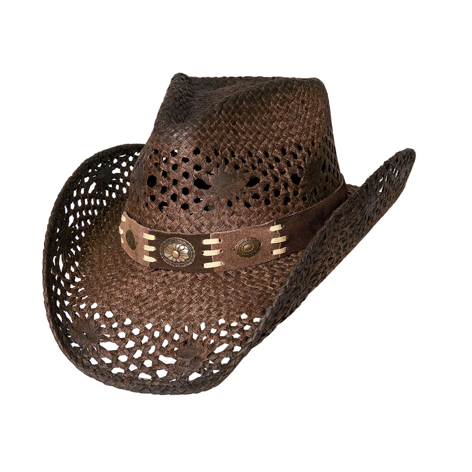 Brown cowboy hat with a decorative band on a white background