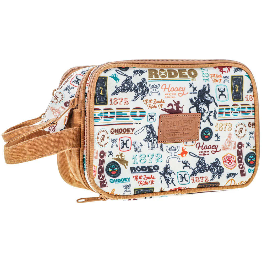 Rodeo Print Western Toiletry Travel Bag featuring a vibrant rodeo-themed design with various cowboy graphics.