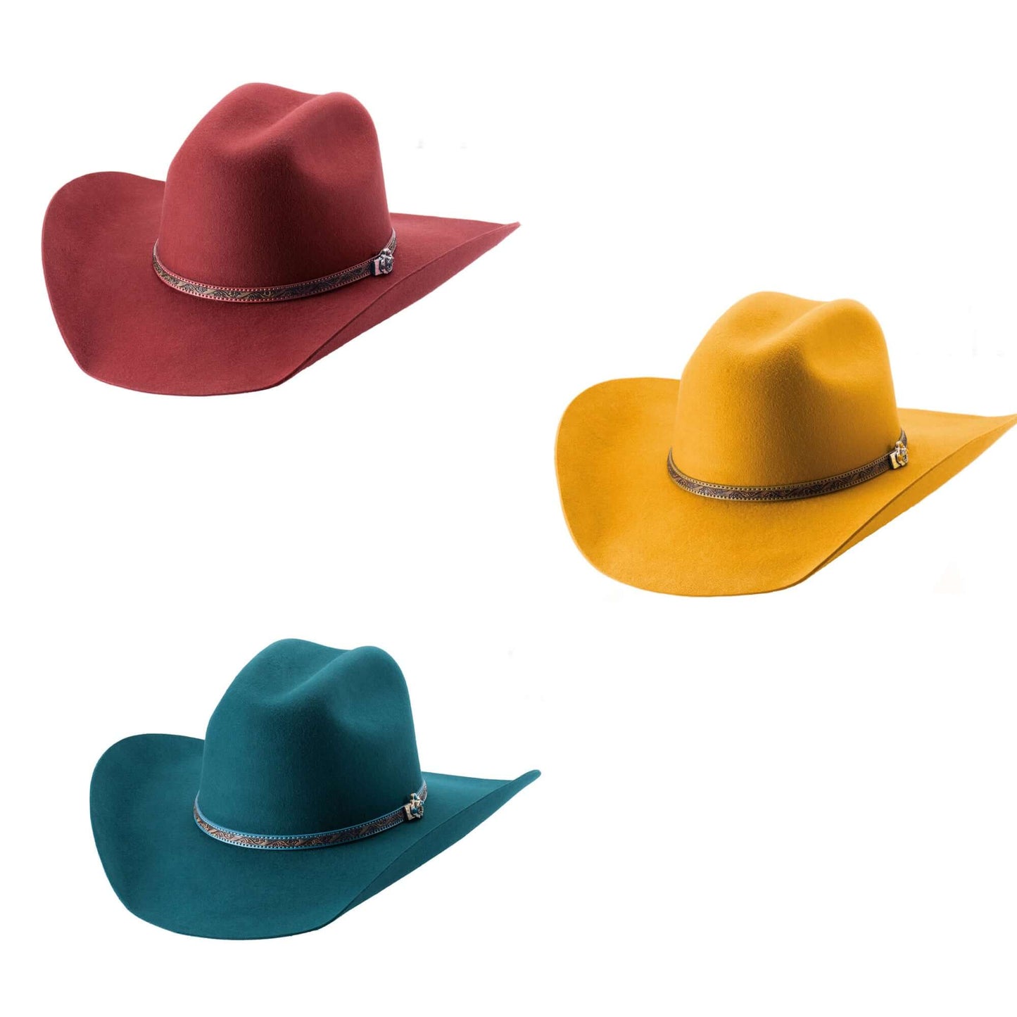 Three cowboy hats in red, yellow, and blue on a white background