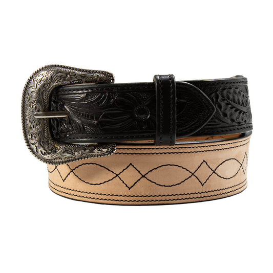 Roughout Black Boot Stitch Men's Western Belt showcasing floral tooling and antique silver buckle.