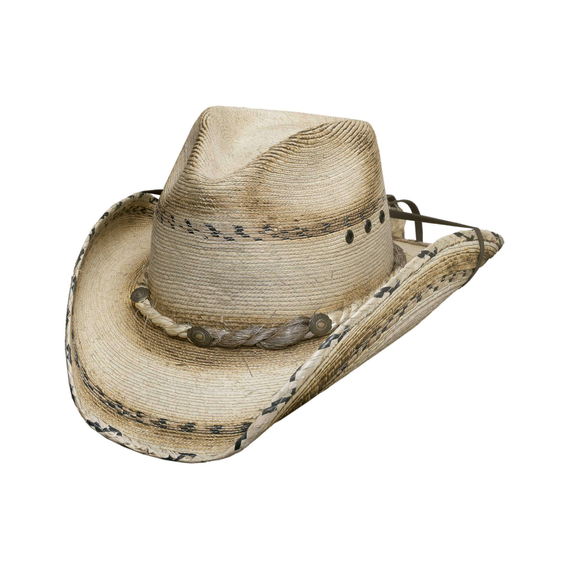 Straw cowboy hat with decorative band on a white background