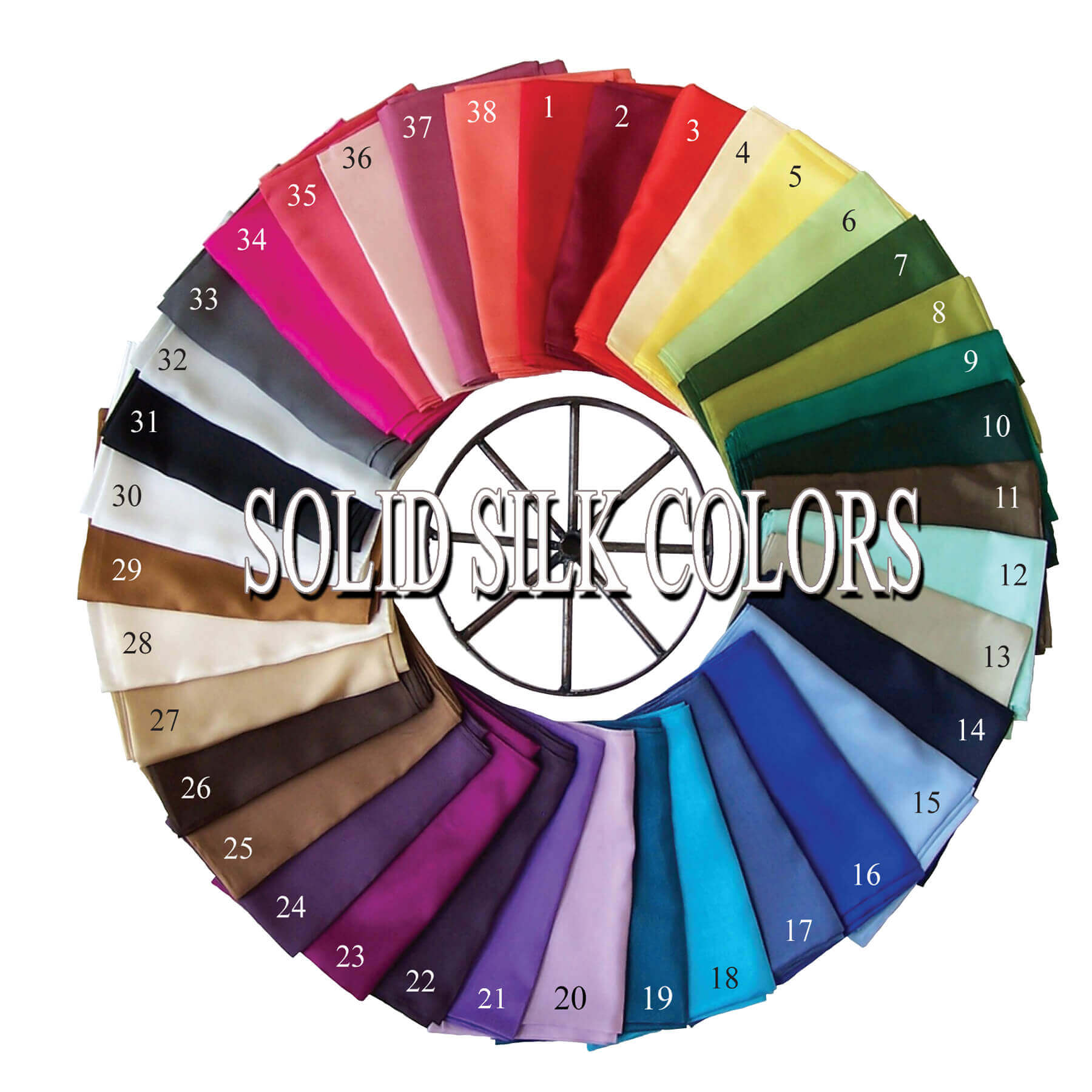 Solid silk colors display showcasing a variety of shades for Ladies Silk Hair Scrunchie- Solid.