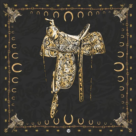 Decorative square scarf of a ornate saddle with gold patterns on a black background.