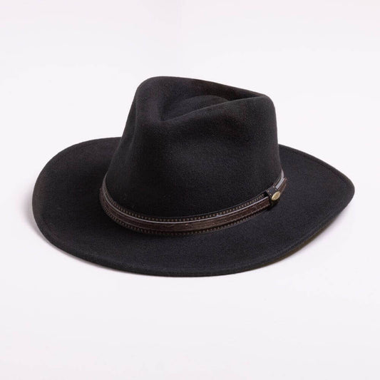 Black fedora hat with a brown band on a white background