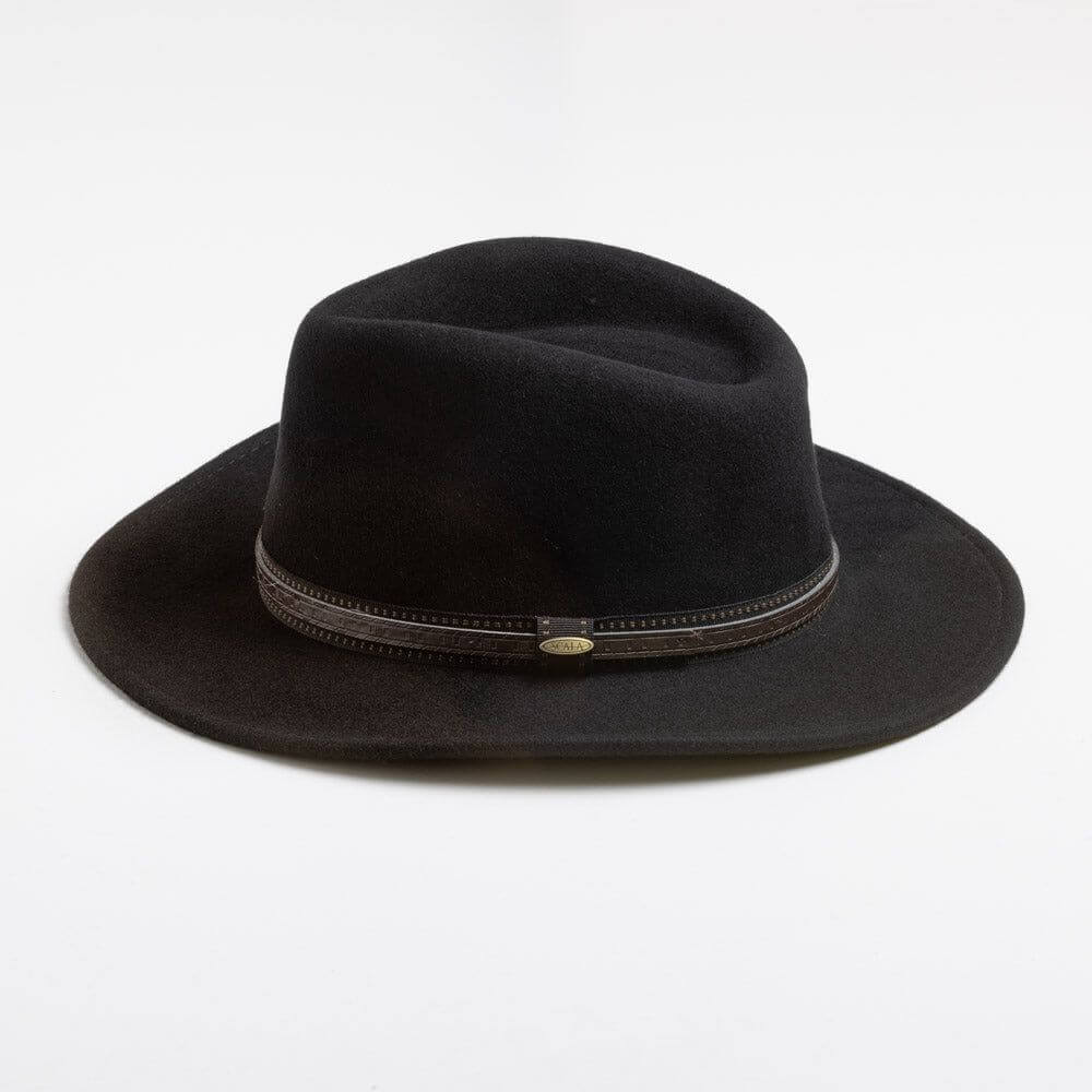 A black felt fedora hat with a dark brown band and a small gold-tone metal emblem, photographed on a clean white background.