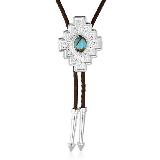 Santa Fe Turquoise Men's Western Bolo Tie with a beautifully set turquoise stone and intricate silver detailing.