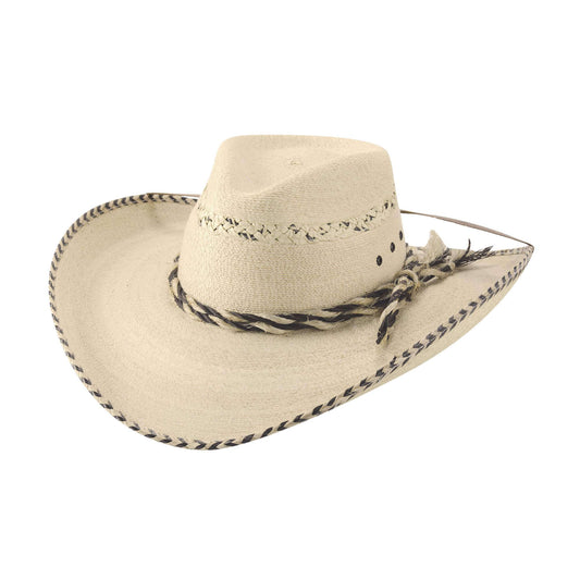 Straw cowboy hat with decorative band on a white background