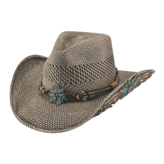 Brown cowboy hat with decorative band on a white background