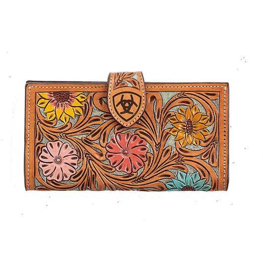 Beautiful genuine leather ladies wallet with hand tooled flower design and hand painted in soft but memorizing colors. Multiple card slots and 1 zipper pocket. Magnetic tab closure. Measures: 8-1/4 x 4