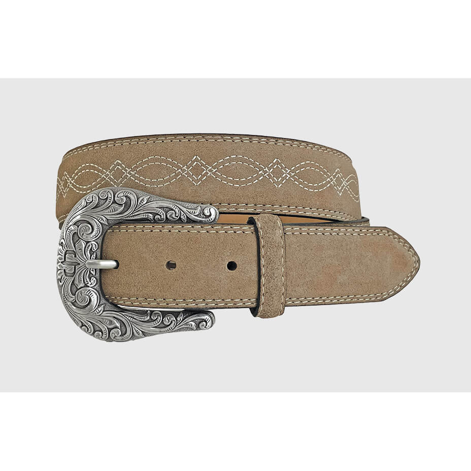 A tan suede western-style belt with white embroidered detailing and a large ornate silver buckle, shown on a light gray background.