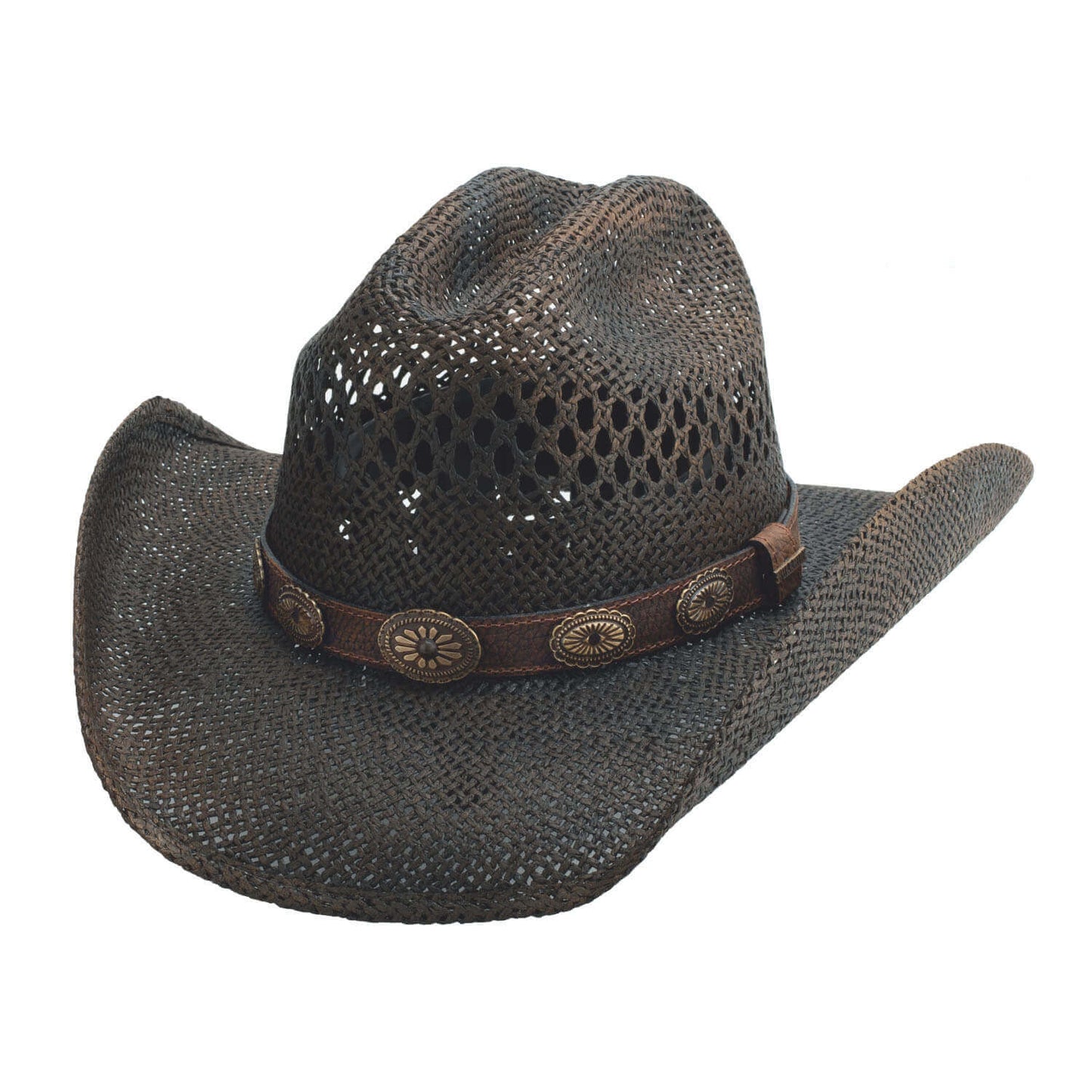 Brown cowboy hat with a decorative band on a white background