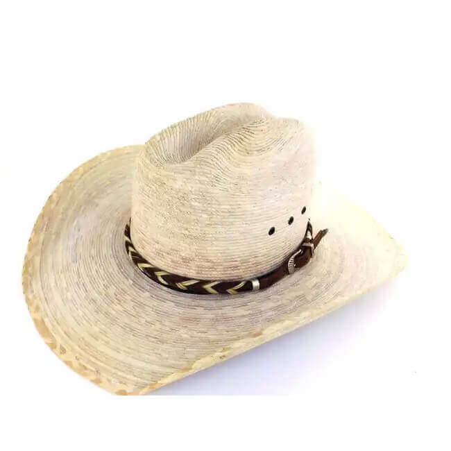 The hatband makes the hat that makes the cowboy. A two-toned braid of authentic horse hair is finishes with leather ends and a silver buckle closure. The braid is 3/8 inch wide and adjusts to fit most hat sizes. Made in USA