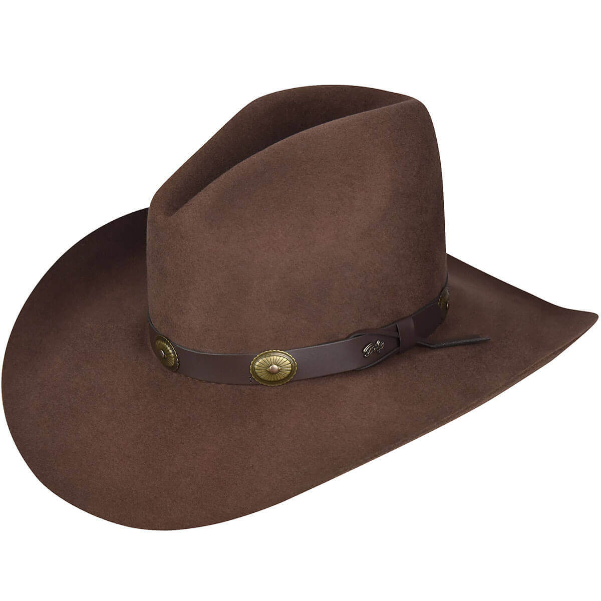 Western Wool Tombstone Cowboy Hat in brown with a decorative band, perfect for Old West style and durable wear.
