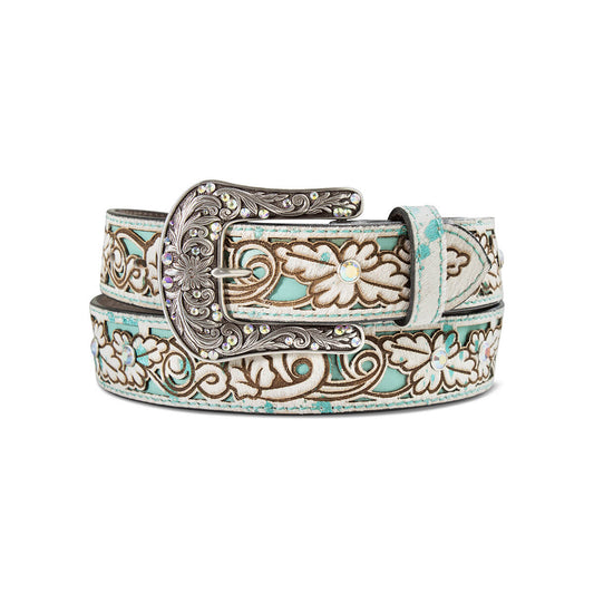 Turquoise Leather Underlay with Floral Filigree Ladies Western Belt