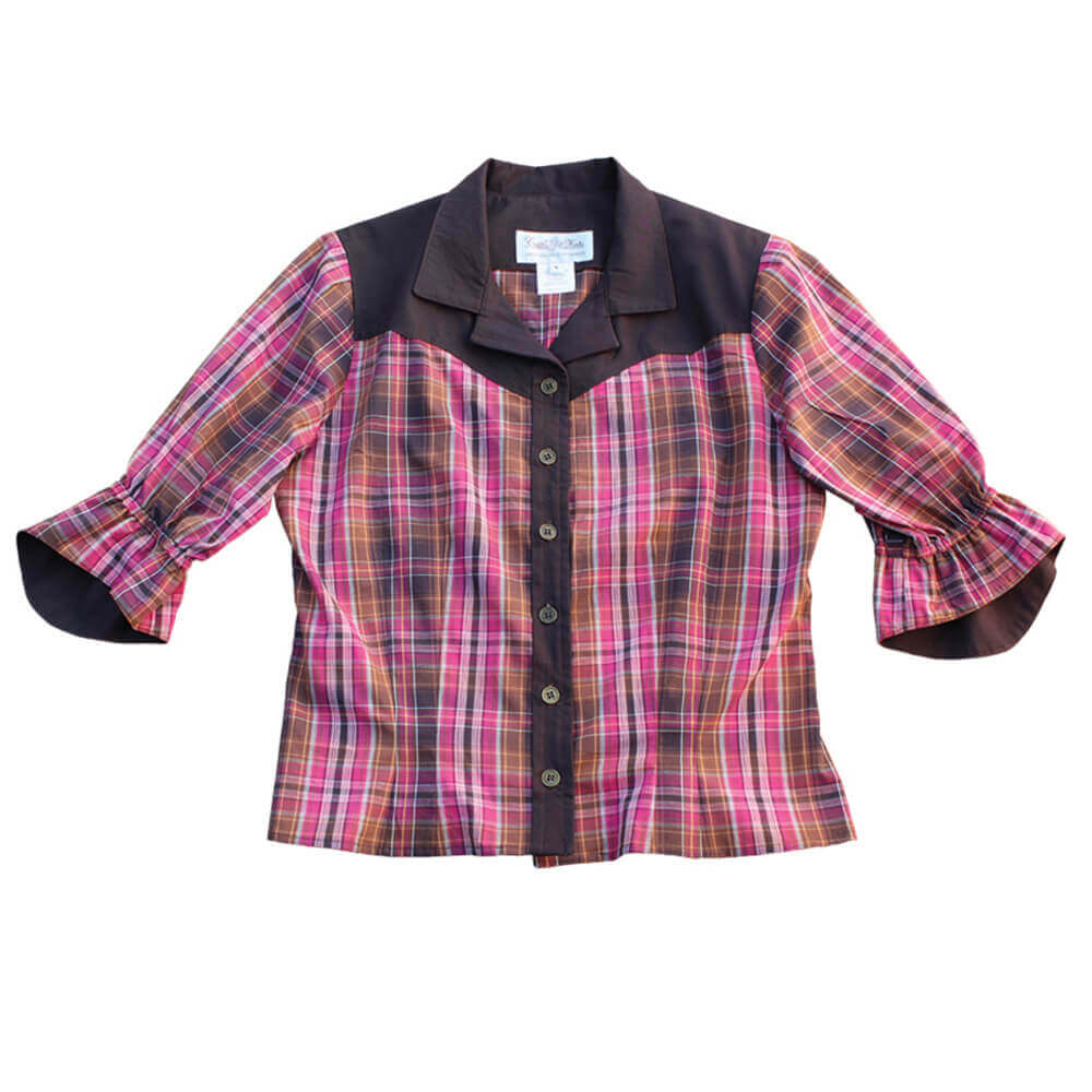 Two-Step Women's Western Shirt in plaid with brown accents, perfect for dancing and style. 100% cotton, made in the USA.