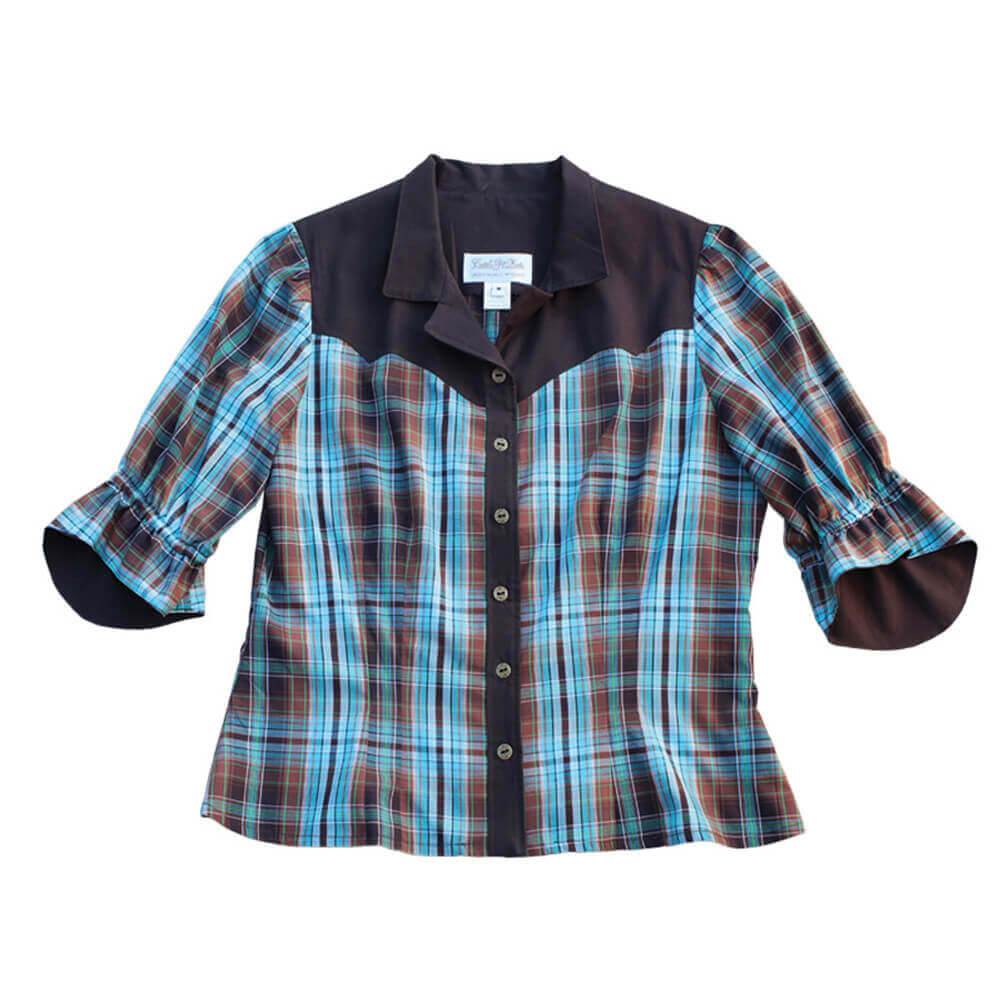 Two-Step Women's Western Shirt in plaid blue and brown, featuring brass button accents and contrasting collar.
