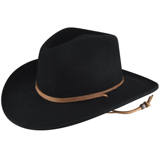 Black cowboy hat with a brown band on a white background