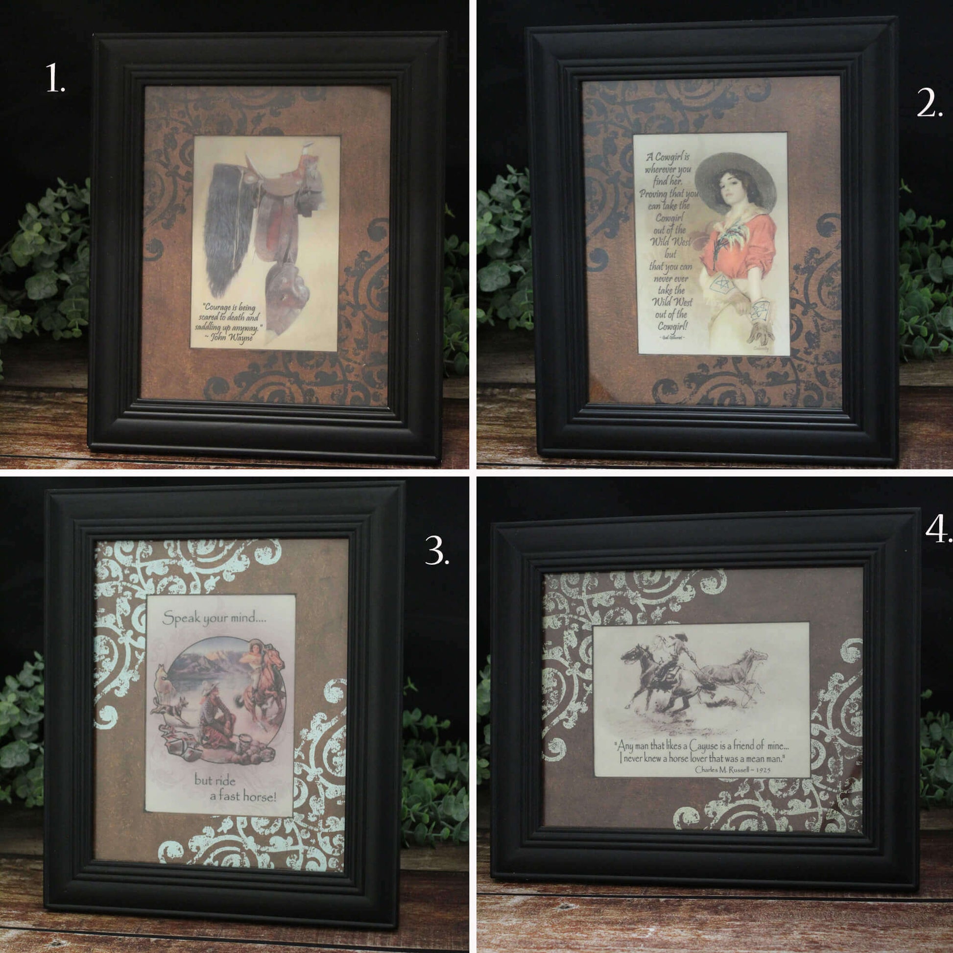 Four framed vintage-style prints on a wooden surface with decorative elements.