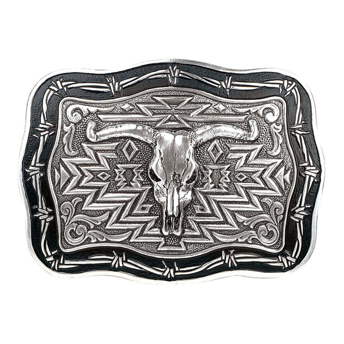 Vintage Steer Barbwire Western Style Belt Buckle featuring a cow skull and barbed wire design.