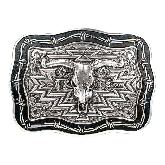 Vintage Steer Barbwire Western Style Belt Buckle featuring a cow skull and barbed wire design.
