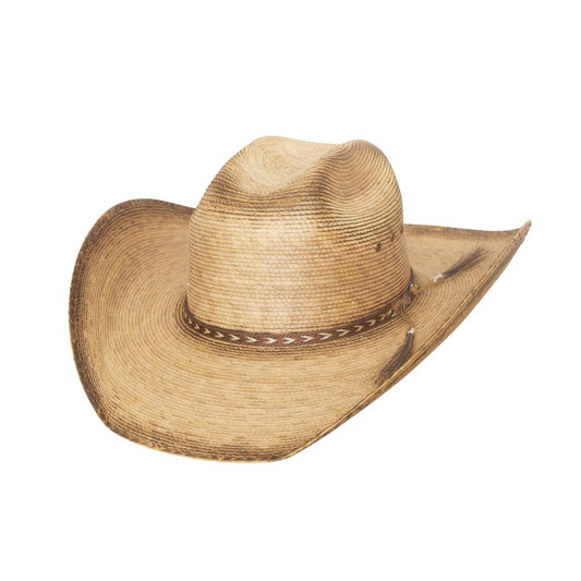 Brown straw cowboy hat with a band on a white background