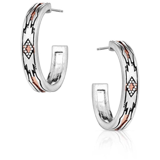 Western Sands Cowgirl Southwest Hoop Earrings featuring a Southwestern pattern in dark paint and rose gold tone.
