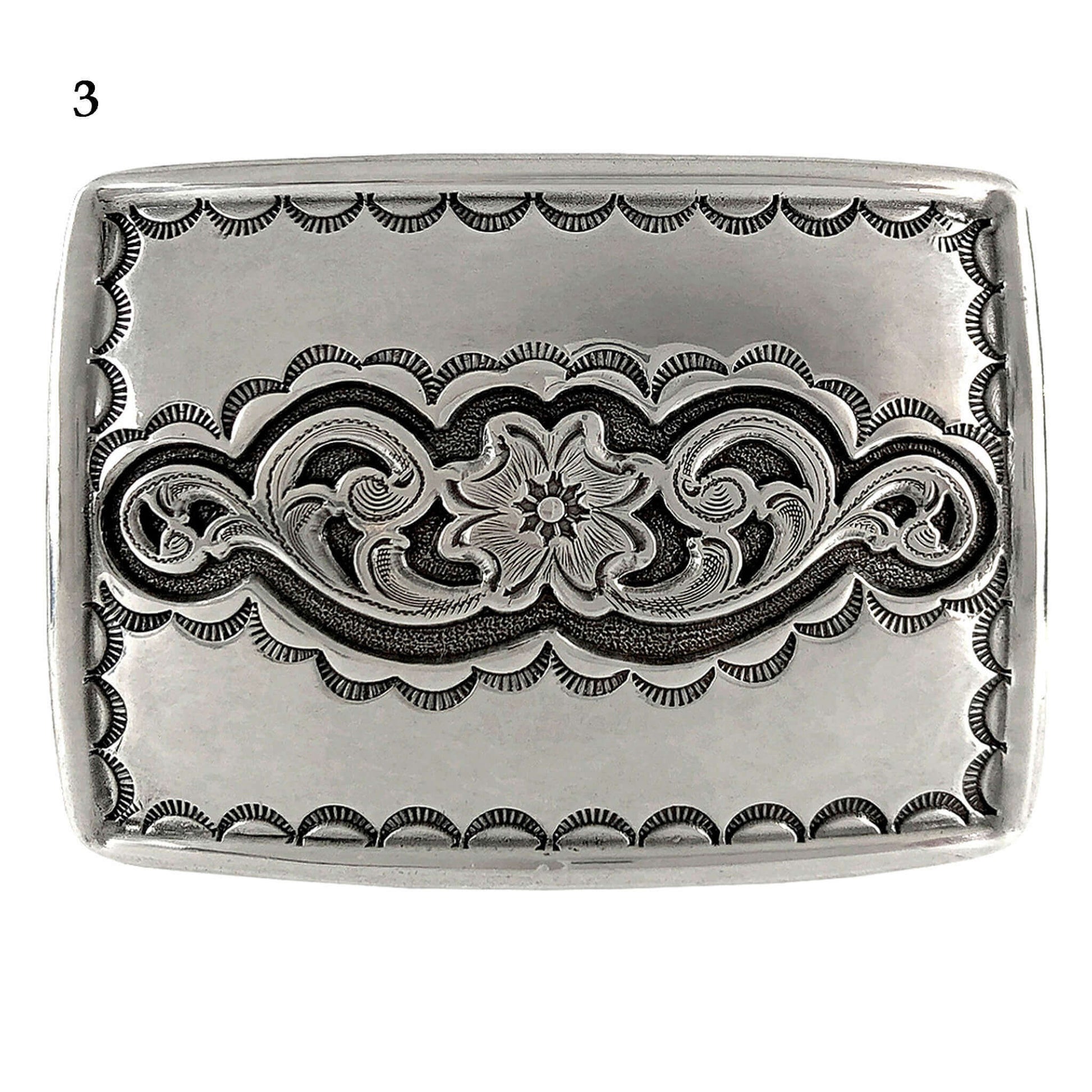 Detailed Southwestern Style Silver Belt Buckles featuring intricate floral designs and ornate borders.