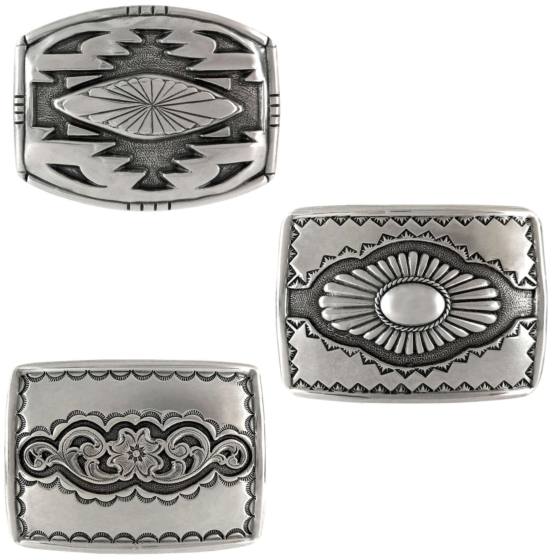 Southwestern Style Silver Belt Buckles in three unique designs, perfect for adding style to any cowboy attire.