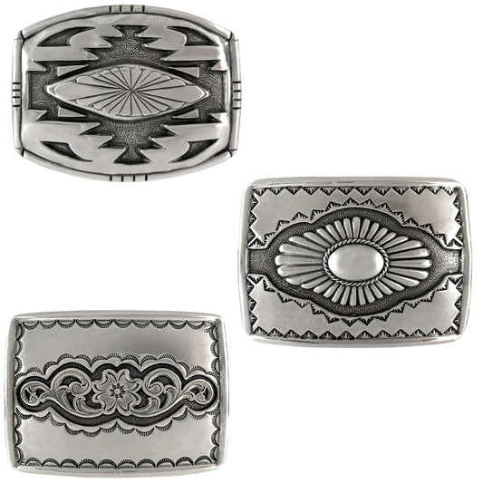 Southwestern Style Silver Belt Buckles in three unique designs, perfect for adding style to any cowboy attire.