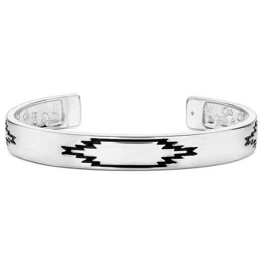 Western Ways Men's Southwestern Cuff Bracelet showcasing a sleek silver design with a unique geometric pattern.