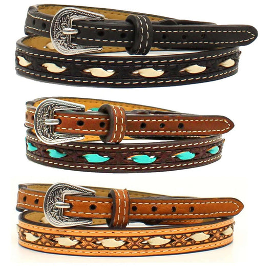 This western hatband will definitely set off the western look on your favorite hat. It features a tooled 1/2" tapered strap with lacing down the center. This hatband uses a belt style adjustment with a rounded silver buckle.