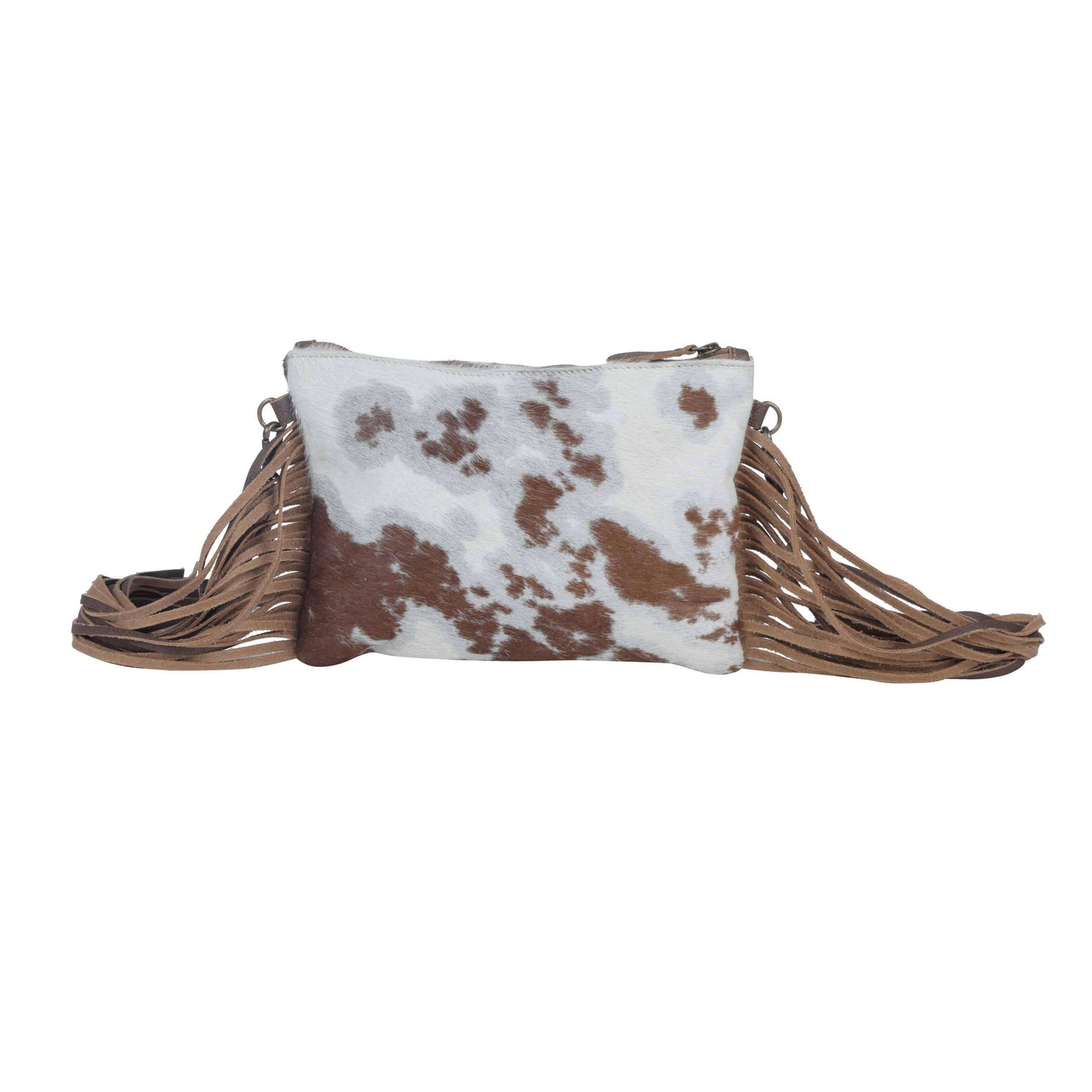 Pouch with cow print fabric and woven handle on a white background