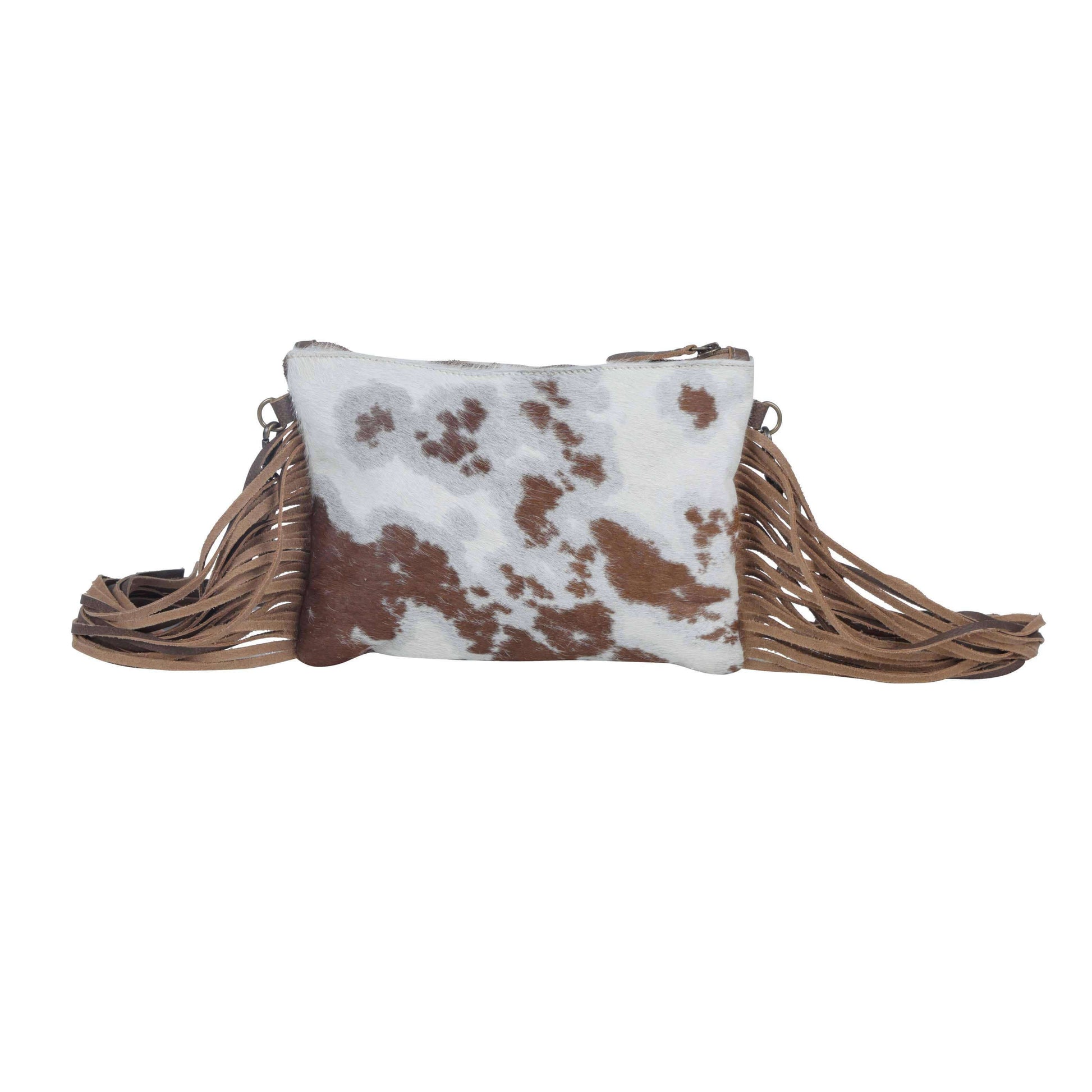 Pouch with cow print fabric and woven handle on a white background