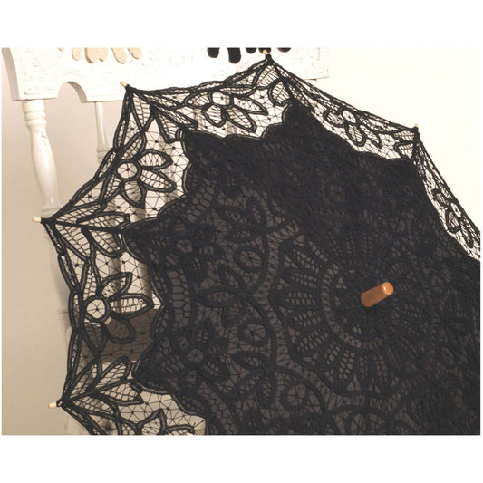 Ladies Western Victorian Lace Parasol in elegant black lace with decorative floral patterns and a wooden handle.