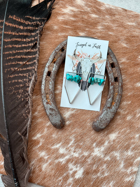 A pair of silver-toned dangle earrings with turquoise beads. The card is placed on a rustic brown and white hide surface next to a large feather and a weathered horseshoe.
