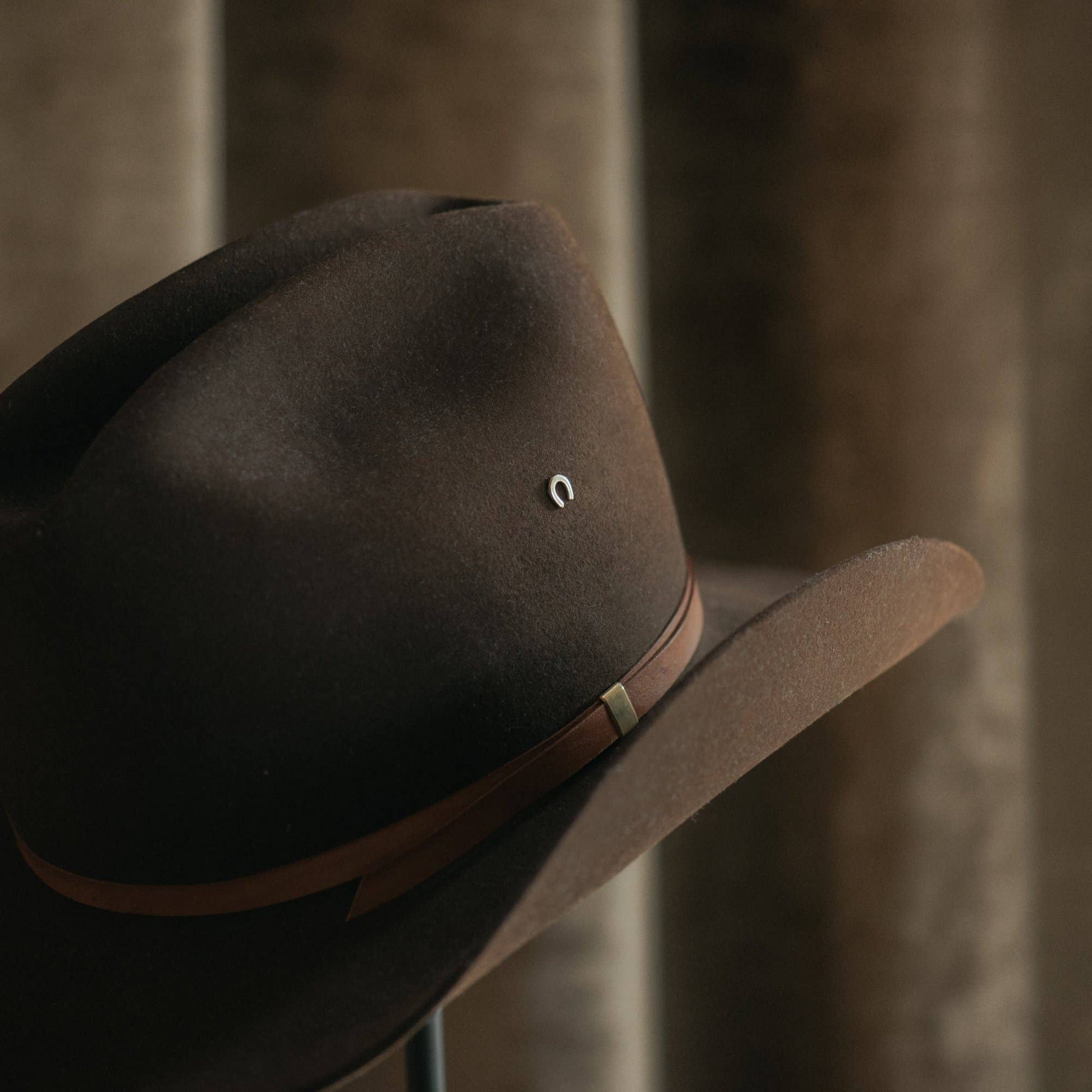 A dark brown felt cowboy hat with a matching brown leather band and a small silver metal horseshoe hat pin emblem, shown in a close-up shot against a blurred brown background.